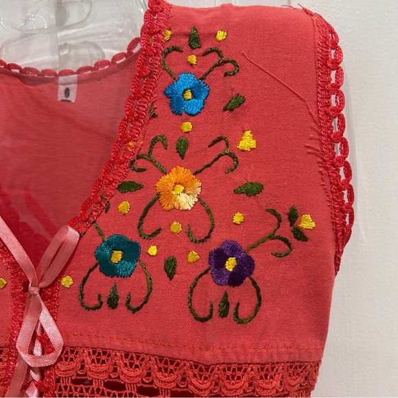 Floral Embroidered Coral Girl Dress. - Picture 4 of 5